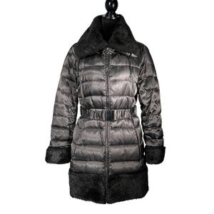 Laundry Shelli Segal Black Down Puffer Coat Faux Fur Long Insulated Quilted